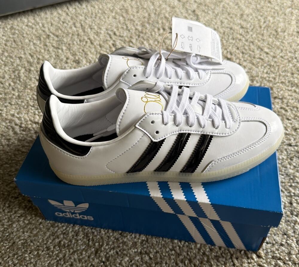 New Adidas Jason Dill x Samba Patent Leather White Black Men Size 6 (Women 7)